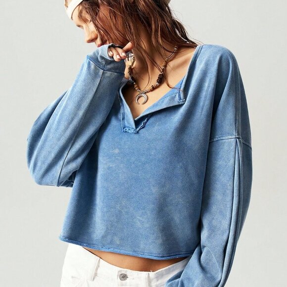 Blue Casual Women's V-Neck Long Sleeve Loose Pullover Sweatshirt - Picture 4 of 8